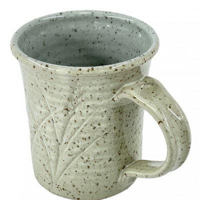 White glossy glazed reduction fired mug