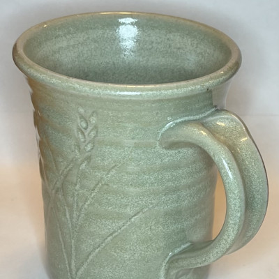 White matte glazed reduction fired mug